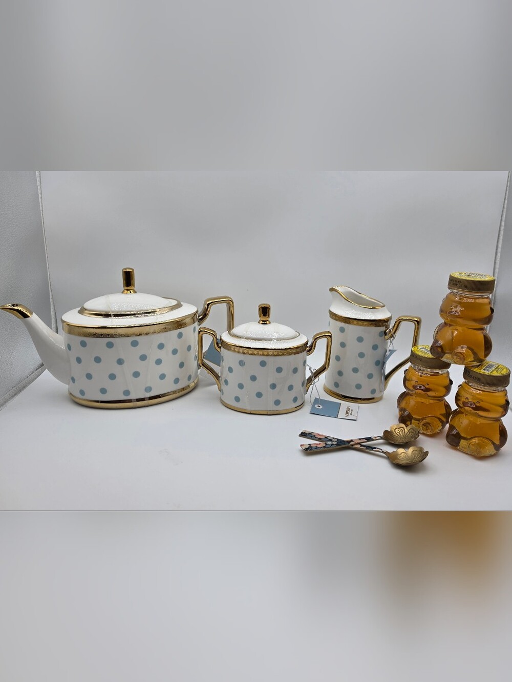 Almeria White and Light Blue Polka Dot Porcelain Tea Set with Gold Trim